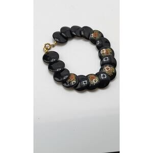 Vintage Black Floral Disc Bracelet Gold Clasp 7.5in